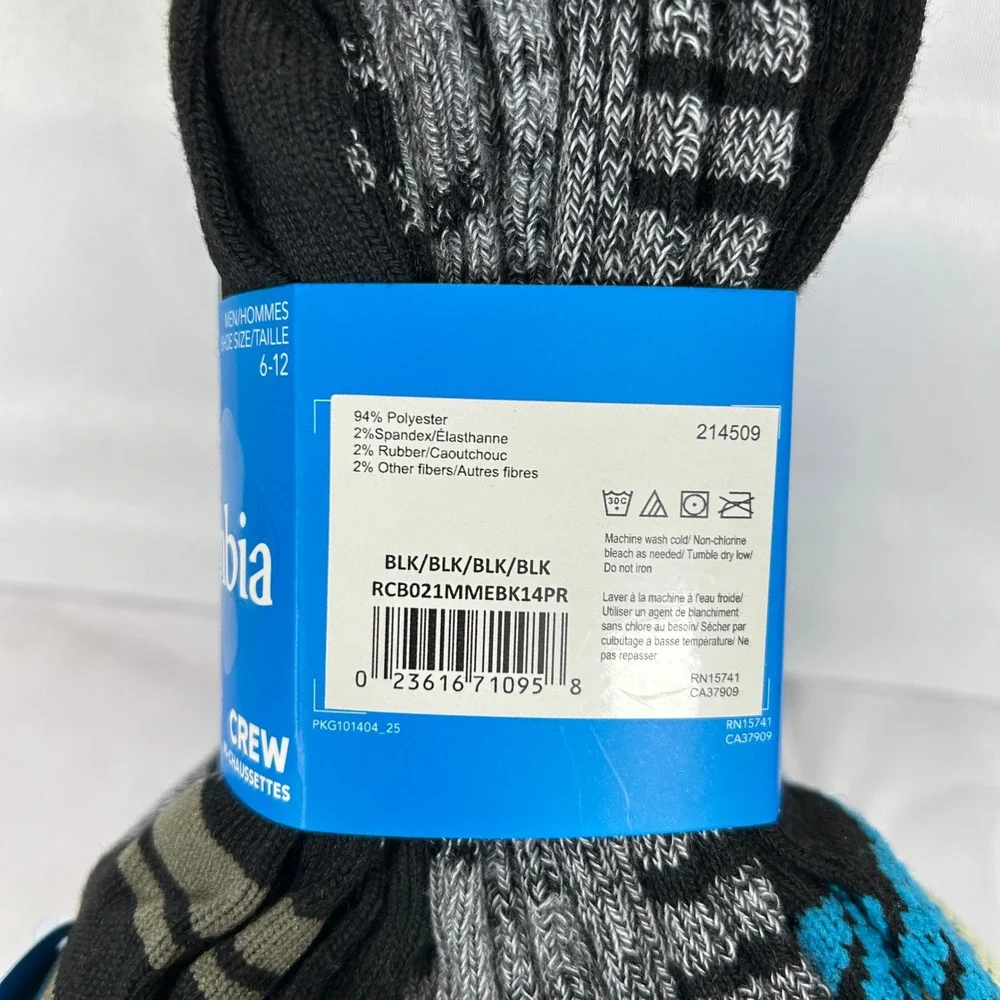 Columbia Mens 4 Pack Crew Socks Wool Blend Size 6-12 RCB035MMEBK14PR Black Multi